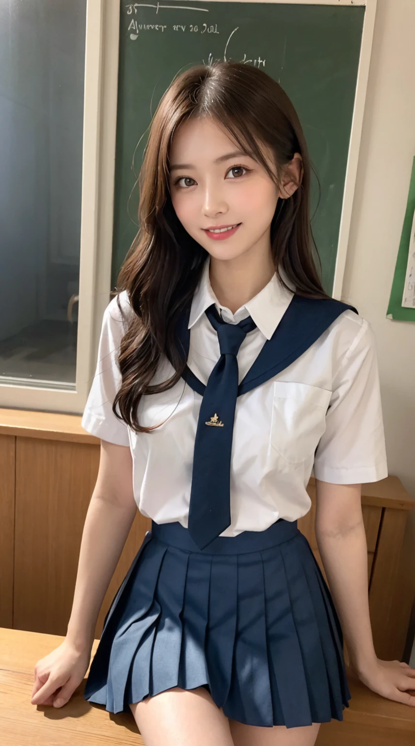 highest quality、8k、best image quality、Award-winning work), two beautiful women、1 lady, radiant beautiful skin , masterpiece、top-quality、The ultra -The high-definition、depth of fields、lens flare ,、brown hair, watching at viewers glares, large breasts ,perfect legs, model pose, view from below, smiling ,
(School uniform, Pleated skirt:1.3)