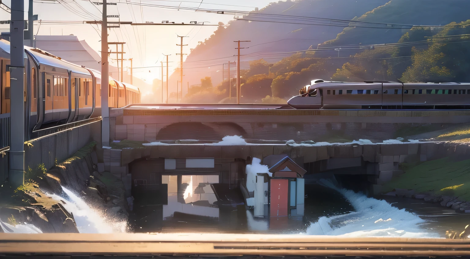 best quality, masterpiece, (((Realistic photos))), Reality,Intricate details, RAW photos, Extremely detailed,(Close-up of huge high speed train:1.5),(high speed train:1.5),hillside,Bridge,bird's eye view,(sunny,Sunlight,White Cloud:1.5),The lens is from top to bottom,