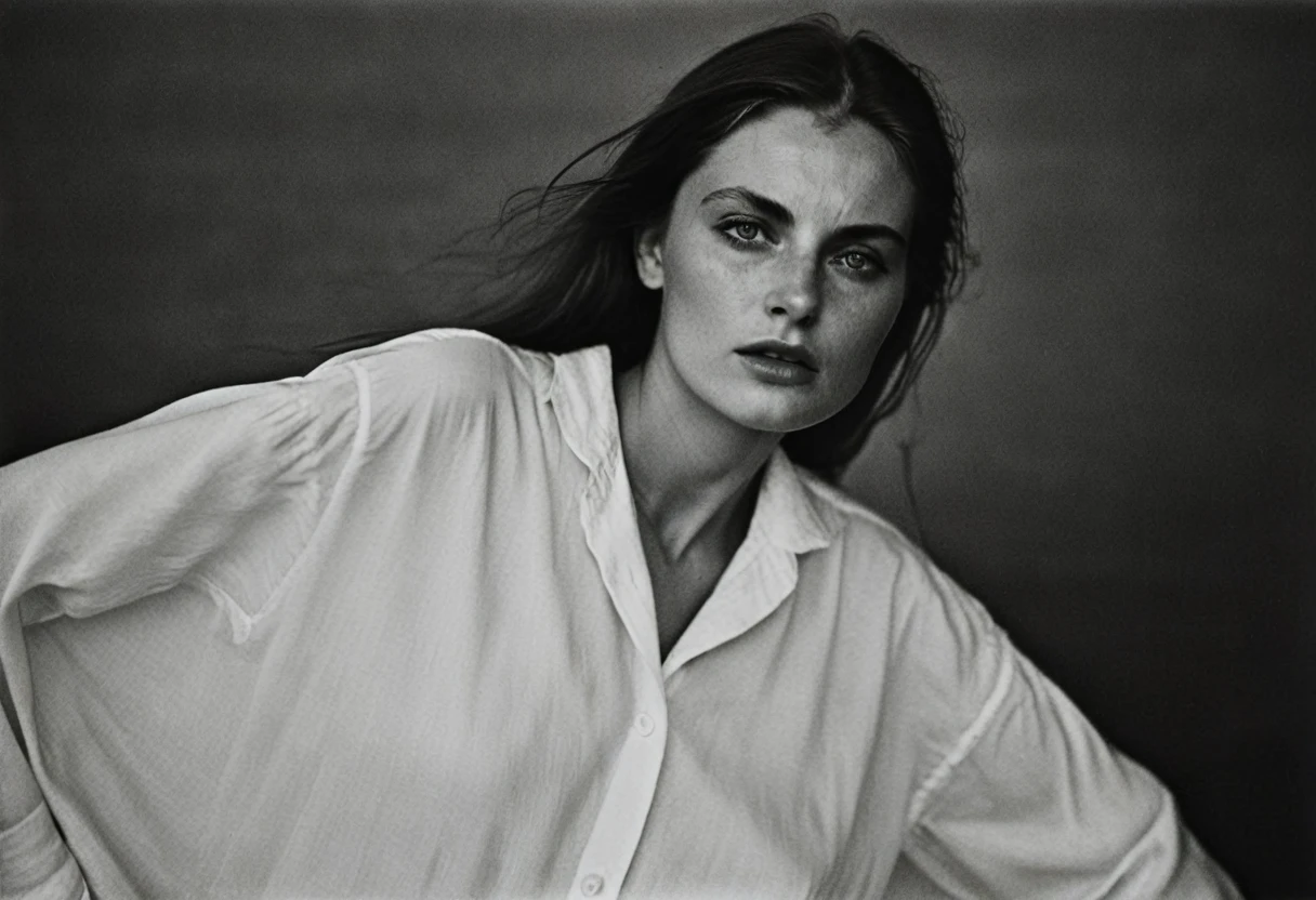 (dark mood masterpiece Photography by Mario Giacomelli:1.2), evil slavic woman, pale skin, long dark blond hair, Stunning b&w 35mm full body photo of a beautiful, perfecteyes, dark circles under eyes, highly detailed skin, (lightest freckles:0.9), standing in a casual pose with her hands on her nipples. wearing (wide-open:1.34) white_silk_shirt. unbuttoned shirt. (nipslip:1.4). a loose-fitting oversized men's unbuttoned shirt, open white business shirt. intricate poses by ruth bernhard. (Photography and style by ruth bernhard). 35mm, Hasselblad. capturing fashion-forward visuals, creating visual impact,evoking emotion,pushing creative boundaries. golden hour, shot from the side, playful pose, god rays,artistic photoshoot