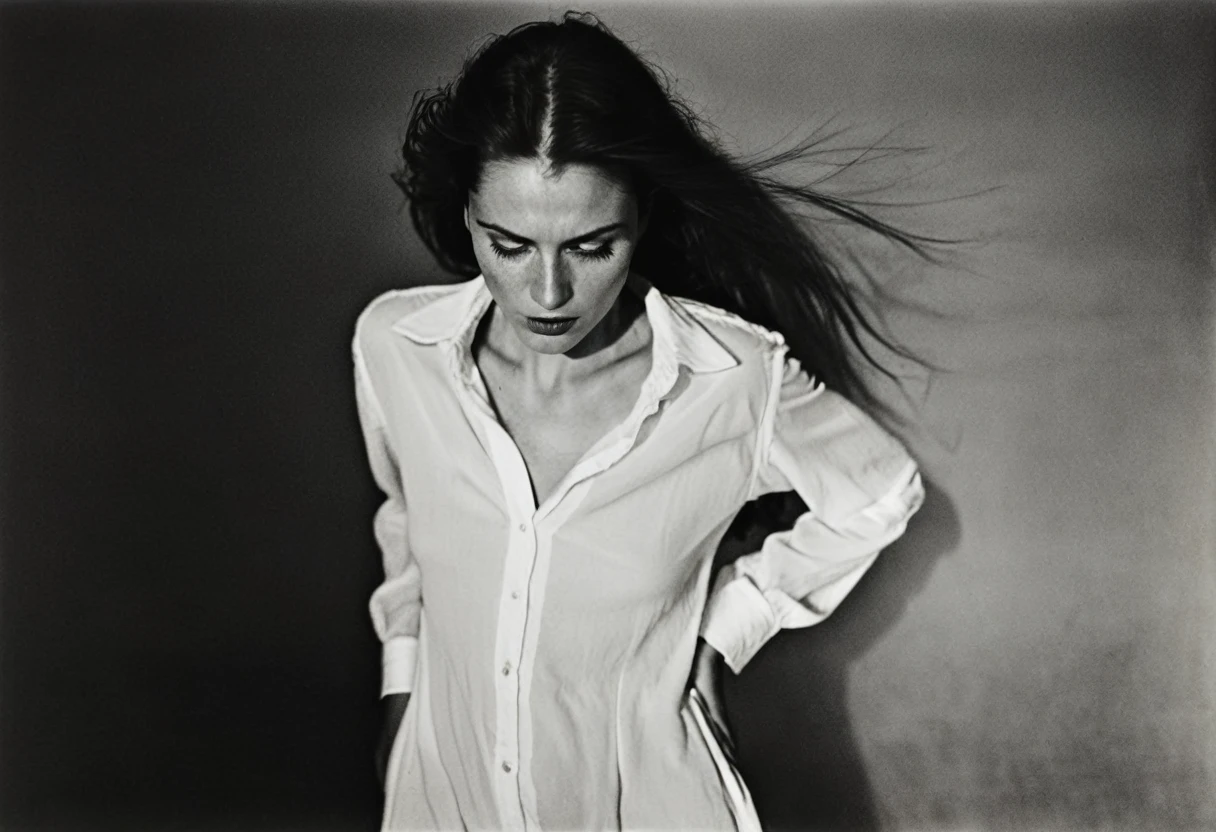 (dark mood masterpiece Photography by Mario Giacomelli:1.2), evil slavic woman, pale skin, long dark blond hair, Stunning b&w 35mm full body photo of a beautiful, perfecteyes, dark circles under eyes, highly detailed skin, (lightest freckles:0.9), standing in a casual pose with her hands on her nipples. wearing (wide-open:1.34) white_silk_shirt. unbuttoned shirt. (nipslip:1.4). a loose-fitting oversized men's unbuttoned shirt, open white business shirt. intricate poses by ruth bernhard. (Photography and style by ruth bernhard). 35mm, Hasselblad. capturing fashion-forward visuals, creating visual impact,evoking emotion,pushing creative boundaries. golden hour, shot from the side, playful pose, god rays,artistic photoshoot