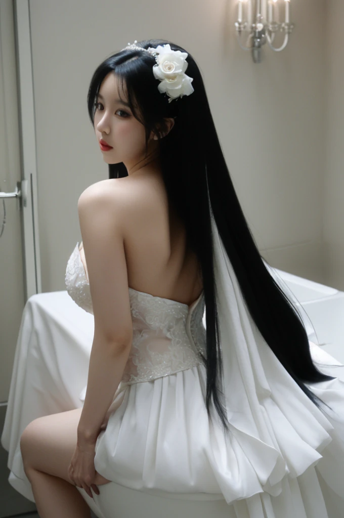 bride、voluminous wedding dress、Super fat、Big Breasts、Big Ass、Super long straight black hair、Small private room、Sitting on the toilet、Facing forward