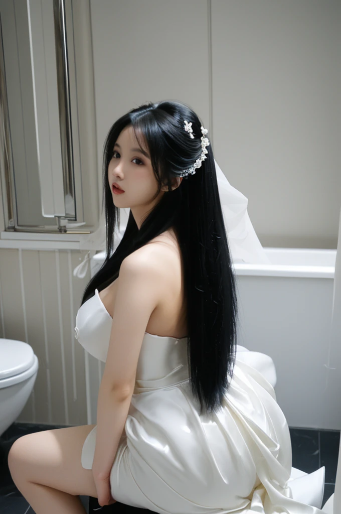 bride、voluminous wedding dress、Super fat、Big Breasts、Big Ass、Super long straight black hair、Small private room、Sitting on the toilet、Facing forward