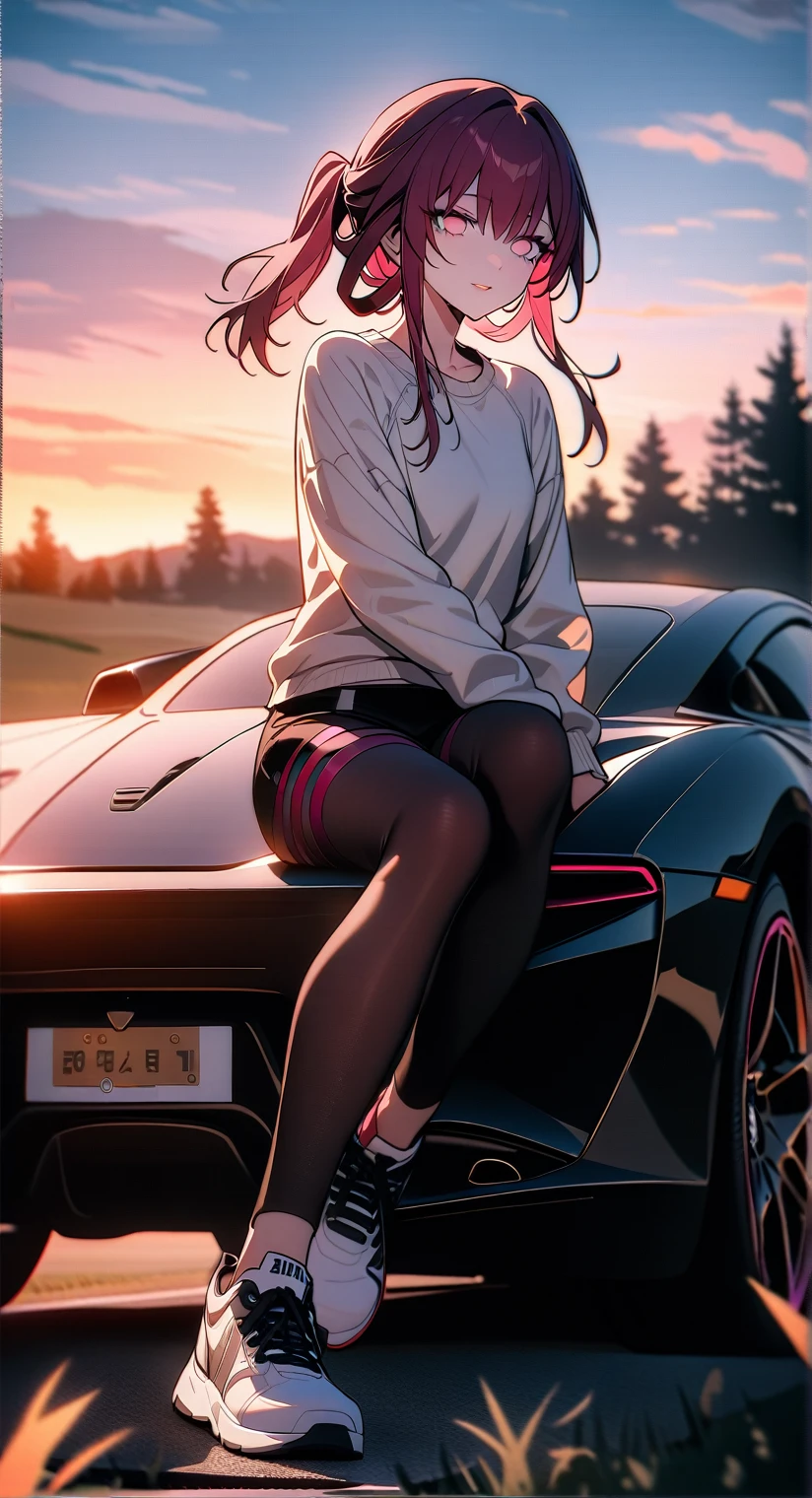 1girl,kafka \(honkai: star rail\),shaggy cut,bangs,detailed eyes,sports bra,midriff,leggings,sneakers,supercar,two headlights,sitting on the car hood,photoshoot,sunset,clear sky,hair floating with wind,countryside,trees,gress,fence,gorgeous,stunning,black and red,warm colors,8k,ultra detailed,masterpiece,best quality,absurdes