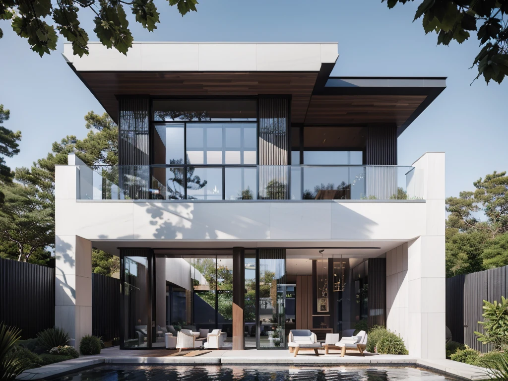 RAW photo, subject, 8k uhd, dslr, soft lighting, high quality, film grain, Photo of a modern villa, modern architecture, simple facade, glass railing, trees, skylight, palm tree, gray stone walling,  wooden, (realistic:1.4), (masterpiece:1.4), ceiling wood, (white painted wall:1.3), (daylight:1.4), (sunlight:1.4) yard, grass