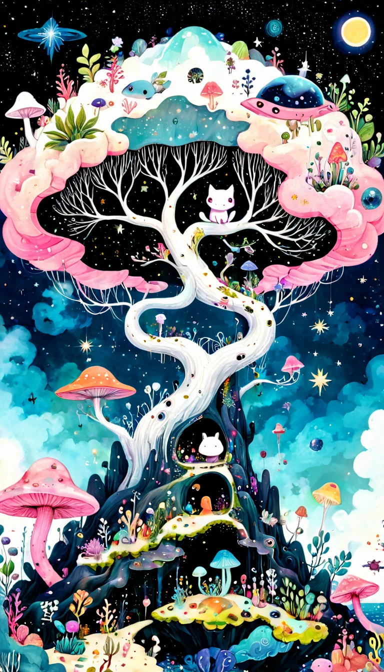 The hut on the tree,microorganism、Small animals,plant、Marine life、眼睛上长着plant、Starry Sky,Stitching together an abstract painting,Describing the inner world of autistic people,Sense of space,White Space,interesting,Innocence,Psychedelic Art,Abstract Art,Montage Art,Pink theme