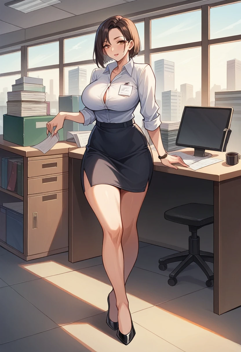 ol professional woman,shirt,Professional hip wrapped skirt,25 years old,Short Brown Bob,Large Breasts,拿着document,Exciting appearance,whole body,office,Modern city buildings,High heel,document,,High-quality illustrations,8K