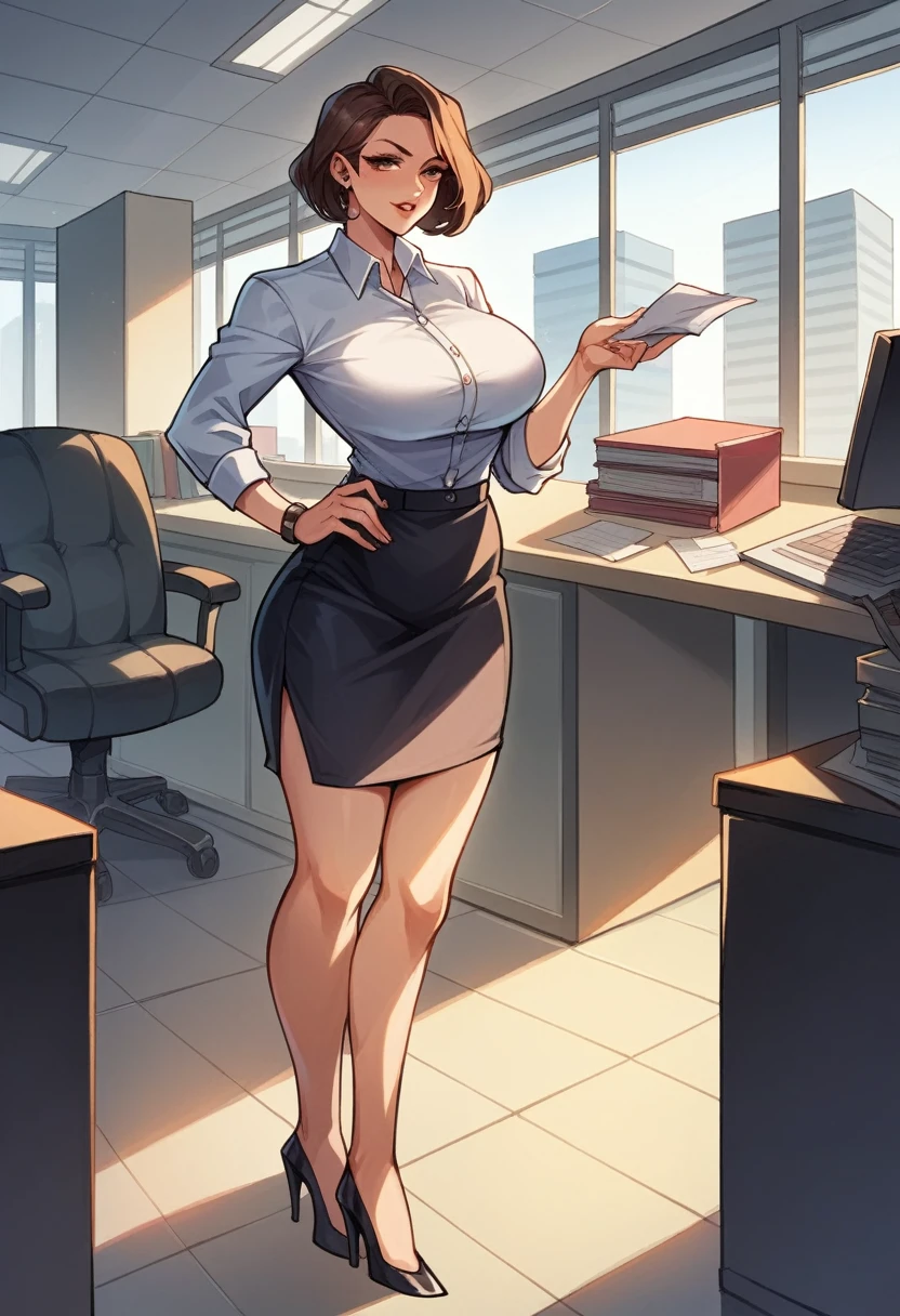 ol professional woman,shirt,Professional hip wrapped skirt,25 years old,Short Brown Bob,Large Breasts,拿着document,Exciting appearance,whole body,office,Modern city buildings,High heel,document,,High-quality illustrations,8K