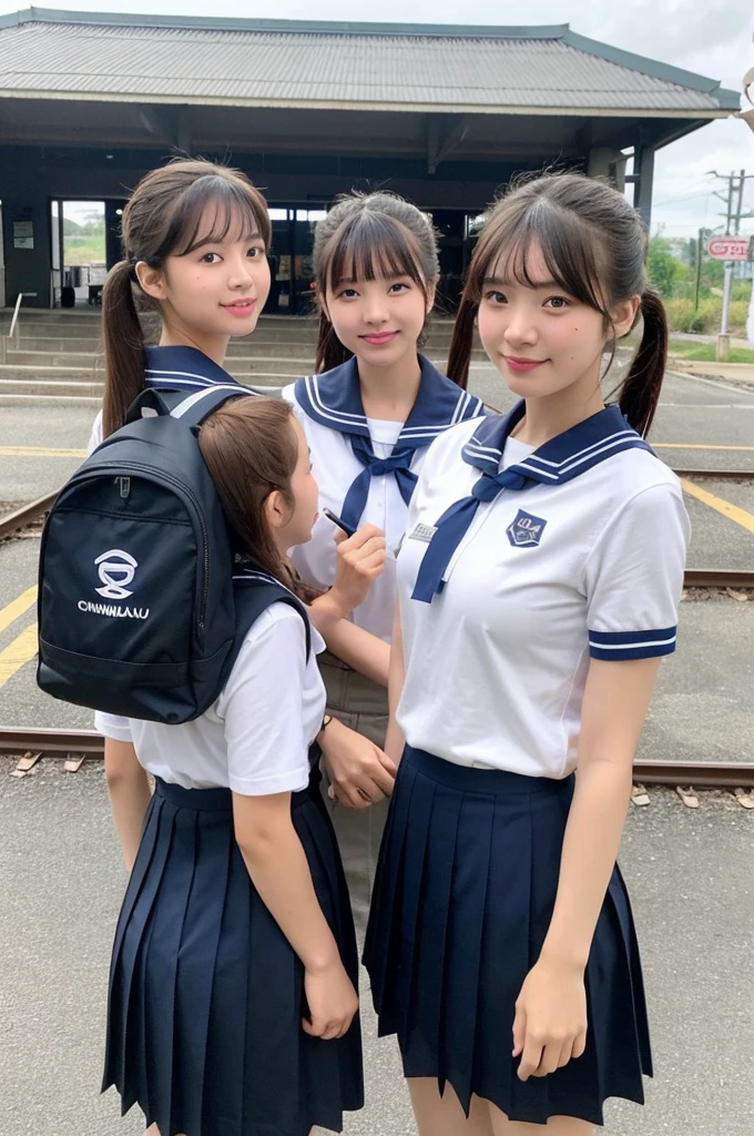 {2 | 3 | 4} girls in rural railway station,cumulonimbus cloud in summer sky,short-sleeved white shirt with sailor collar,navy blue pleated skirt,school bag,18-year-old,bangs,a little smile,thighs,knees,short hair with low pigtails bunches,from beside,front light