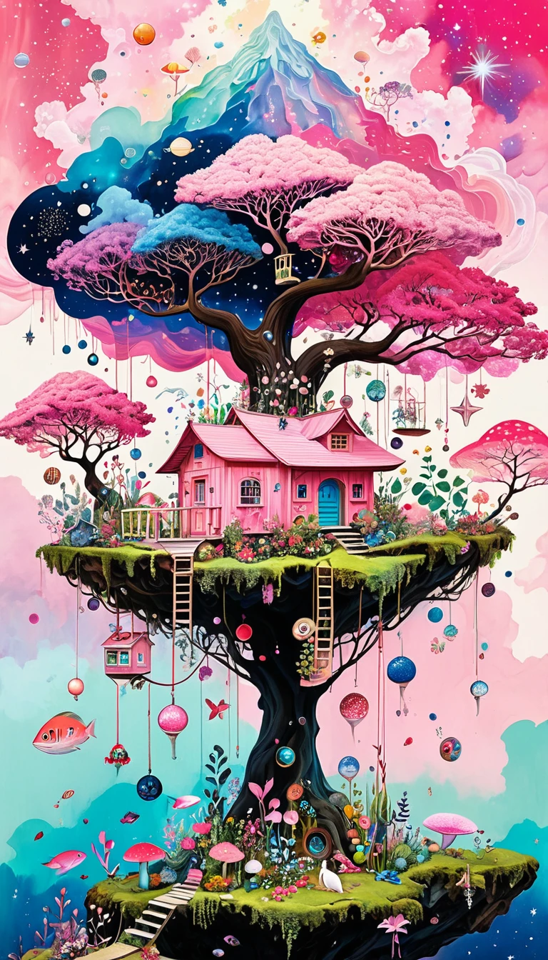 The hut on the tree,microorganism、Small animals,plant、Marine life、眼睛上长着plant、Starry Sky,Stitching together an abstract painting,Describing the inner world of autistic people,Sense of space,White Space,interesting,Innocence,Psychedelic Art,Abstract Art,Montage Art,Pink theme