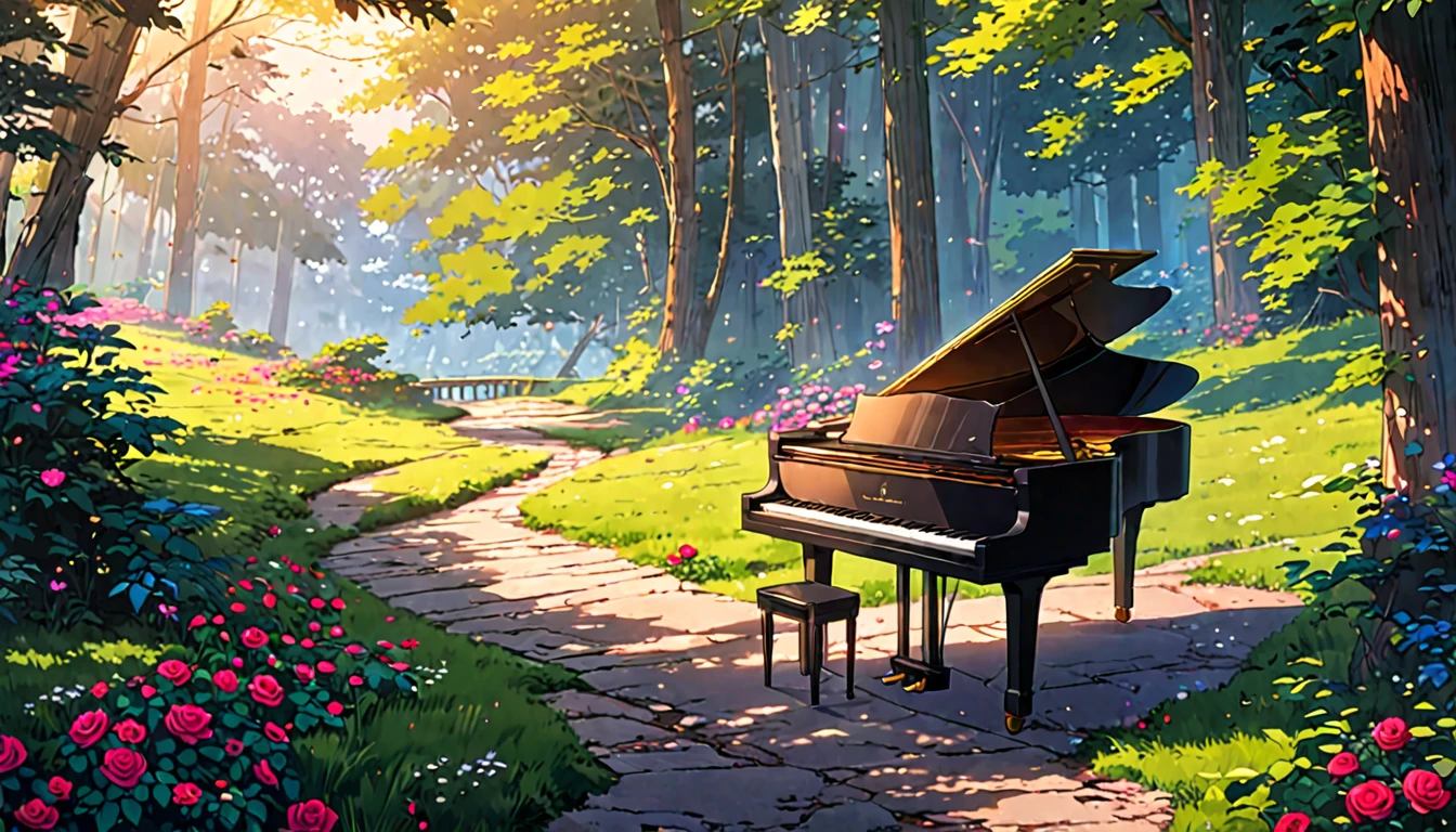 There is a piano on the forest path, Anime Background art, Beautiful peaceful scene in anime, Anime Art Wallpapers 8K, Background artwork, Anime Rush John 8k Woods, Relaxing concept art, anime nature wallpapers, anime art wallpaper 4k, anime art wallpaper 4k, arte koto no ha no niwa, Beautiful anime scenery, Anime Background、Colorful roses