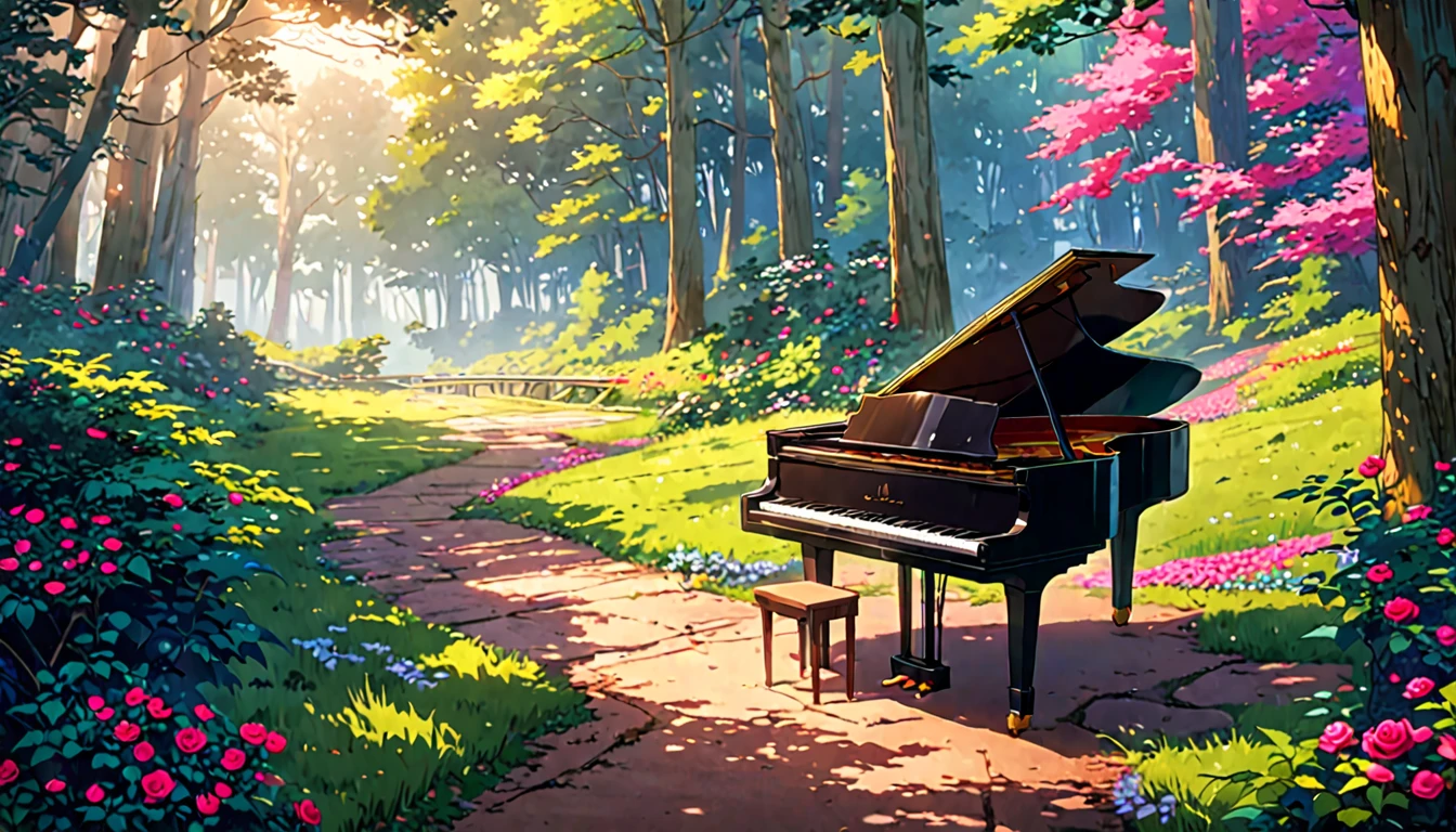 There is a piano on the forest path, Anime Background art, Beautiful peaceful scene in anime, Anime Art Wallpapers 8K, Background artwork, Anime Rush John 8k Woods, Relaxing concept art, anime nature wallpapers, anime art wallpaper 4k, anime art wallpaper 4k, arte koto no ha no niwa, Beautiful anime scenery, Anime Background、Colorful roses