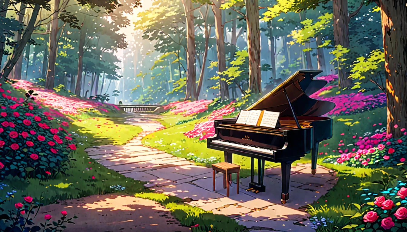 There is a piano on the forest path, Anime Background art, Beautiful peaceful scene in anime, Anime Art Wallpapers 8K, Background artwork, Anime Rush John 8k Woods, Relaxing concept art, anime nature wallpapers, anime art wallpaper 4k, anime art wallpaper 4k, arte koto no ha no niwa, Beautiful anime scenery, Anime Background、Colorful roses
