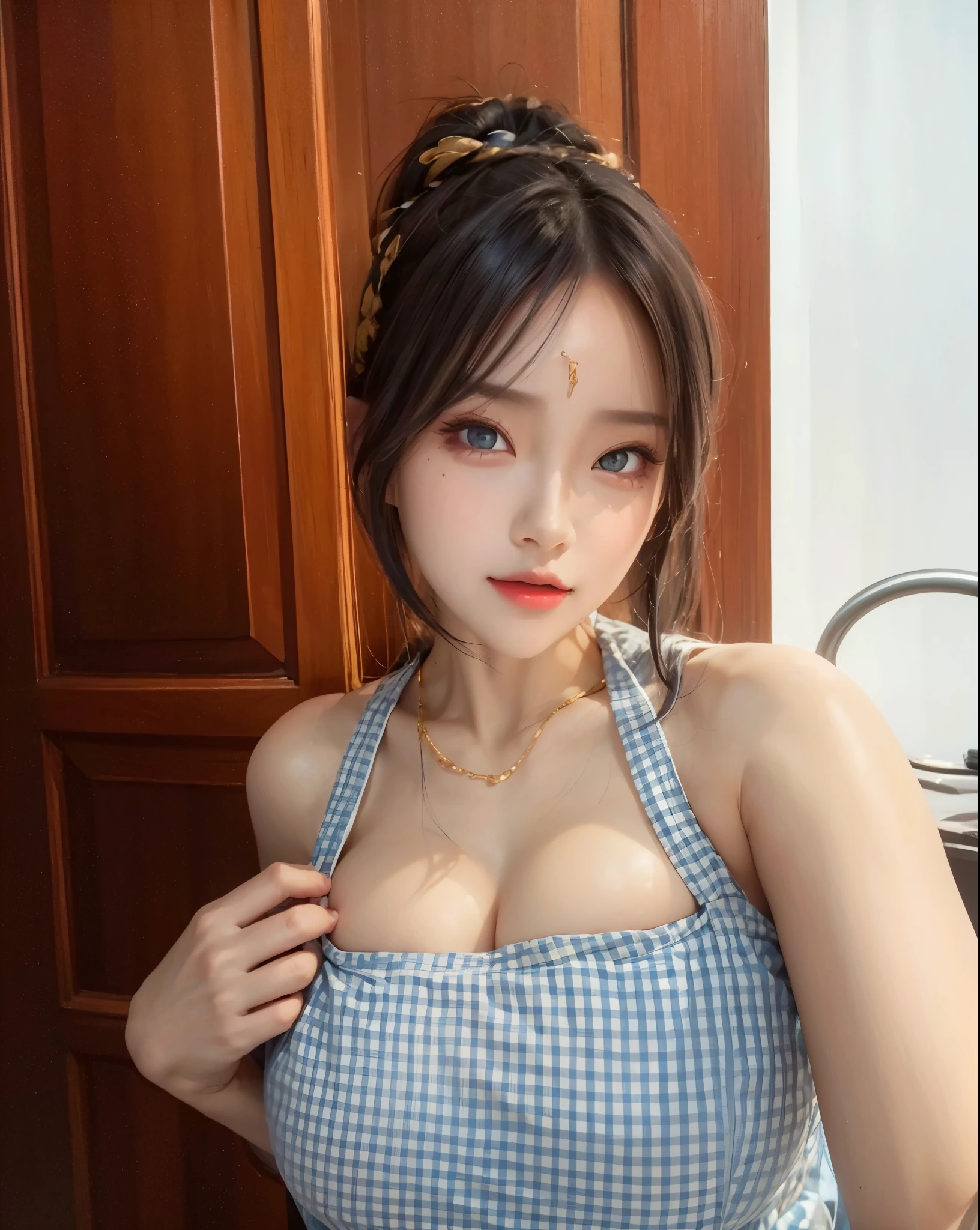 realistic, 1 women, best quality, 12k, HD, long hair, (big round breasts:1.5), cleavage, ponytail, necklace, jewelry, shorts, short jacket, slim hips, hair tie, yellow eyes, black hair, super detailed, Eye details, hair details, person details, mouth details, face details, breast details, clothes details, hair details, pants details, hand details, whole body