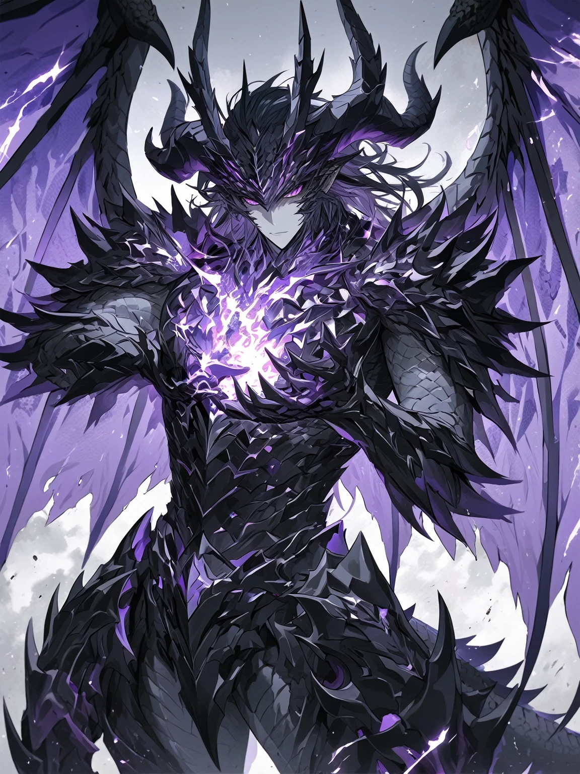 Masterpiece, Very detailed, ultra detailed, one, (1 man), man with a V-shaped body, Gray skin colour, dragon horns, two large dragon wings, full detailed dark obsidian armor with light purple details that seemed like a purple fire. Long black hair combed back, and reptile eyes that shine crimson-purple. In the style of manhwa "Omniscient Reader's Viewpoint"