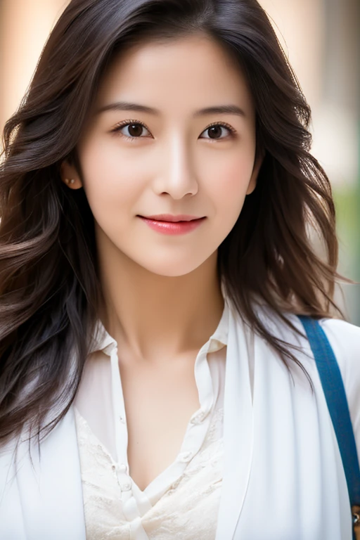 ((Highest quality, 8K, masterpiece:1.3)), Ultra-high resolution, (Realistic:1.4), RAW Photos, Beautiful Japanese Women, 30th Generation, Cute face, (Detailed face), (Fine grain), (Highly detailed skin texture), Black straight hair, actress, White blouse, (Walking the streets of Florence)
