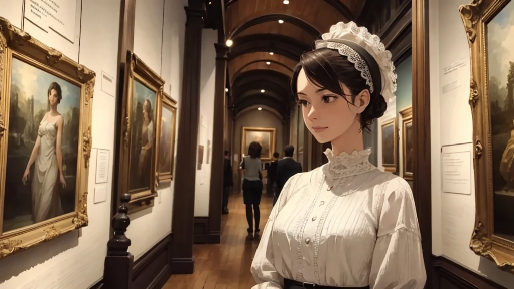 glad, woman, in the museum, masterpiece, upper body, lo-fi