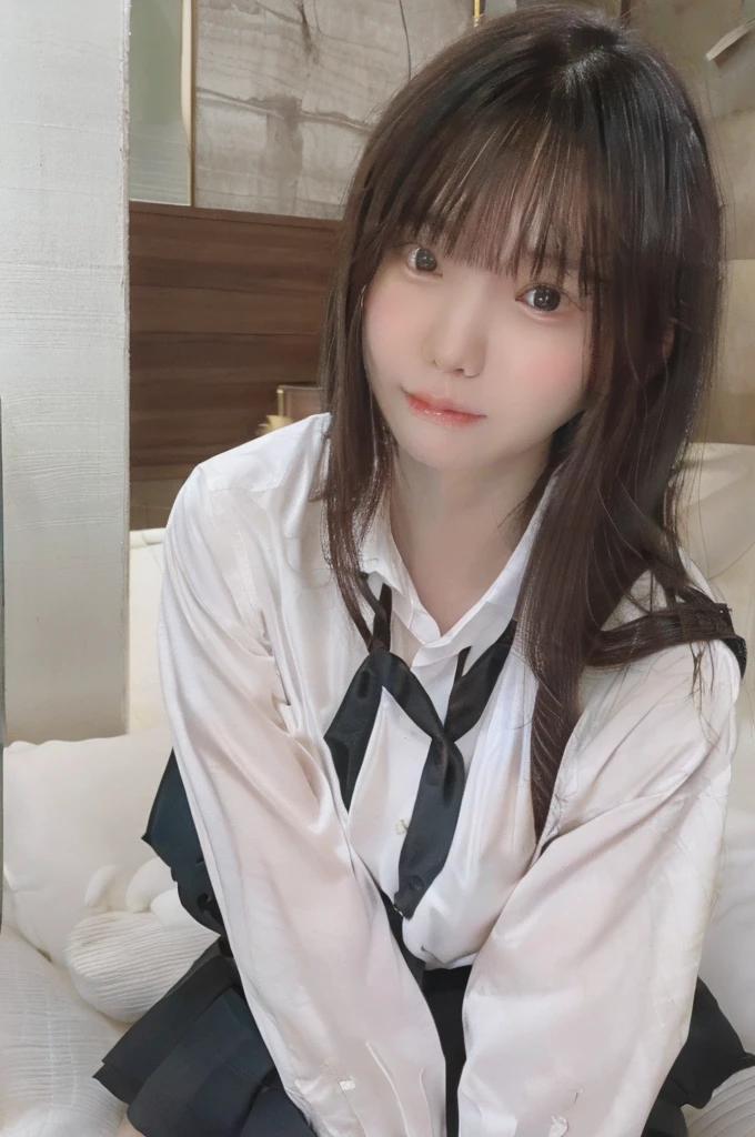 18-year-old、High school girls、uniform、ワンピースのuniform、紺色のuniform、White blouse、Long Straight Hair、White socks、beautiful、Stylish、Japanese high school students、紺色ジャンパースカートuniform、Green Path、Commuting、Red ribbon、You can wear black loafers、No building needed、