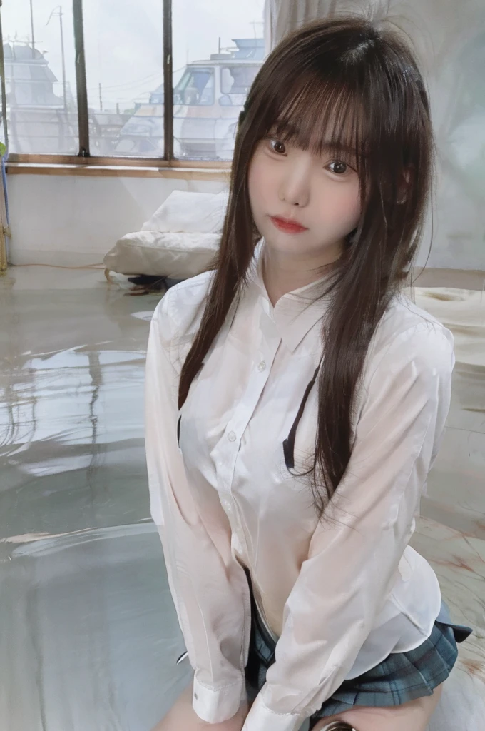 1girl in, (masutepiece:1.1), (Best Quality:1.1)、detailed photo、petite person、(Slimed、small tit、flat boobs、small tit)、sexy pose:1.2、Wet body、sodden、sexy pose、Wet body、sodden、A slender、From above、Delicate and sexy collarbone、16-year-old woman、(white shirt、Omega blue micro mini skirt)、Painted from head to knee、Show your teeth and laugh out loud、red eyeliner makeup