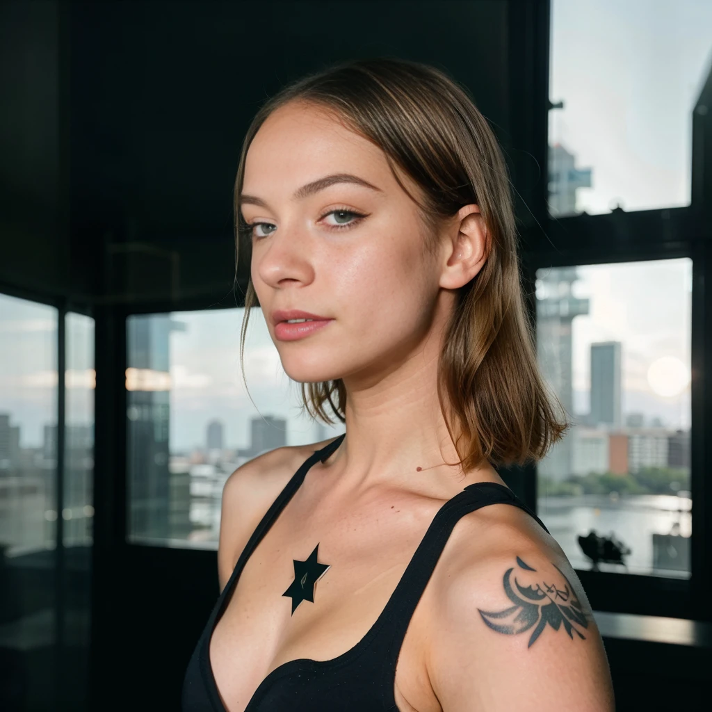 midshot , hi angle, captivating artsy image of a Beautiful cute but enraged dutch gen-z. girl aged 18, with freckles, nerdy ,seductive eyes, irresistable face expression with a shags haircut. popstar plumped lipps, fixed nose , ((small sun neck tatoo)) . provocative edgy toptank, 2000 hiphop style, he radiates confidence as she stands against a simple mint green and yelow backdrop, glitter bokeh in the background The cinematic quality of the photo, shot with an ARRI Alexa camera and Zeiss lens, captures the essence of a dark inovative style . with a futuristic twist The overall atmosphere is hiphop urban. I cant be