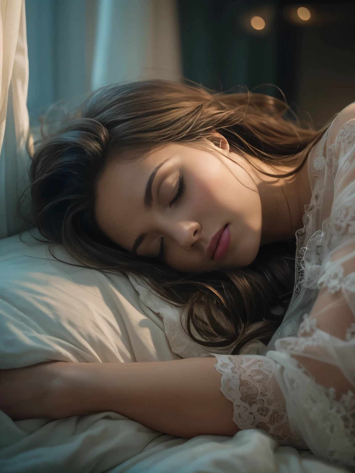 a beautiful young woman sleeping peacefully, soft dreamy expression, long flowing hair, delicate facial features, ethereal glowing skin, elegant nightgown, serene bedroom setting, moonlight from window, (best quality,4k,8k,highres,masterpiece:1.2),ultra-detailed,(realistic,photorealistic,photo-realistic:1.37),cinematic lighting, pastel color palette, dreamlike atmosphere, intricate details