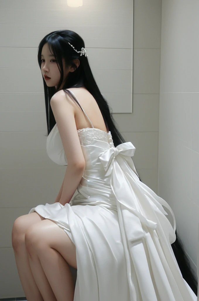 bride、Wearing a wedding dress、Super fat、Big Breasts、Big Ass、Super long straight black hair、Small private room、Sitting on the toilet