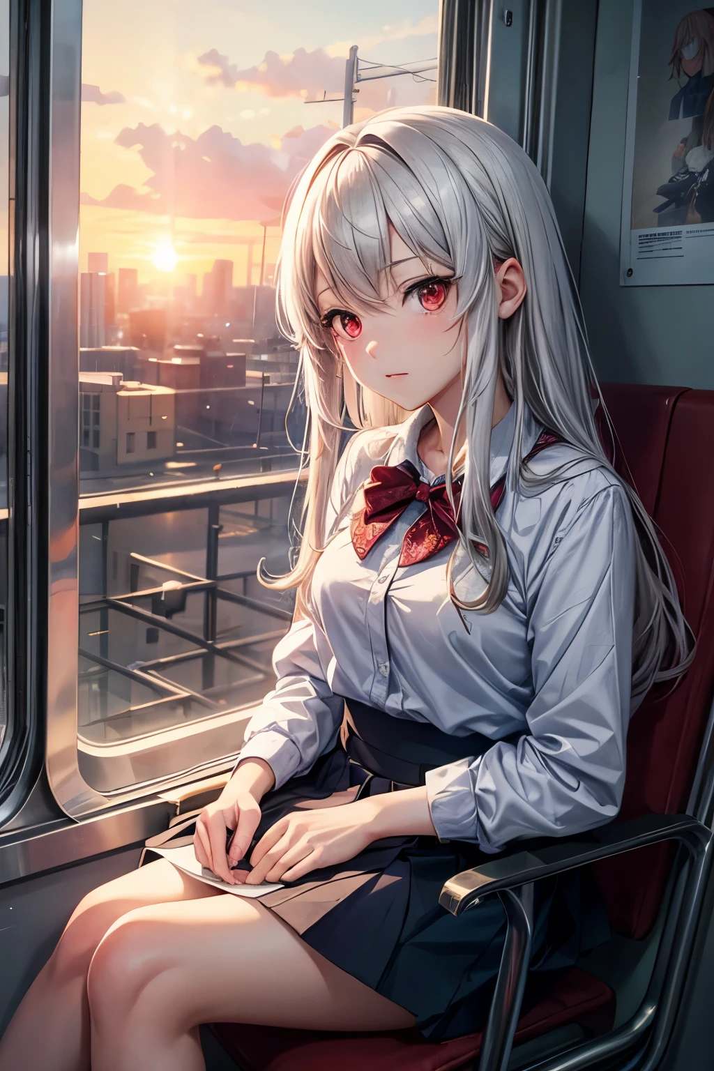 Anime girl sitting on the train looking out the window, beautiful anime portrait, portrait of Lofi at a window, beautiful anime girl, portrait of Lofi, Lofi girl, portrait anime girl, Gurwitz style artwork, High quality portrait, with sunset, charming anime girl, cute anime girl, realistic cute girl drawing, anime style. 8K, white hair, red eyes