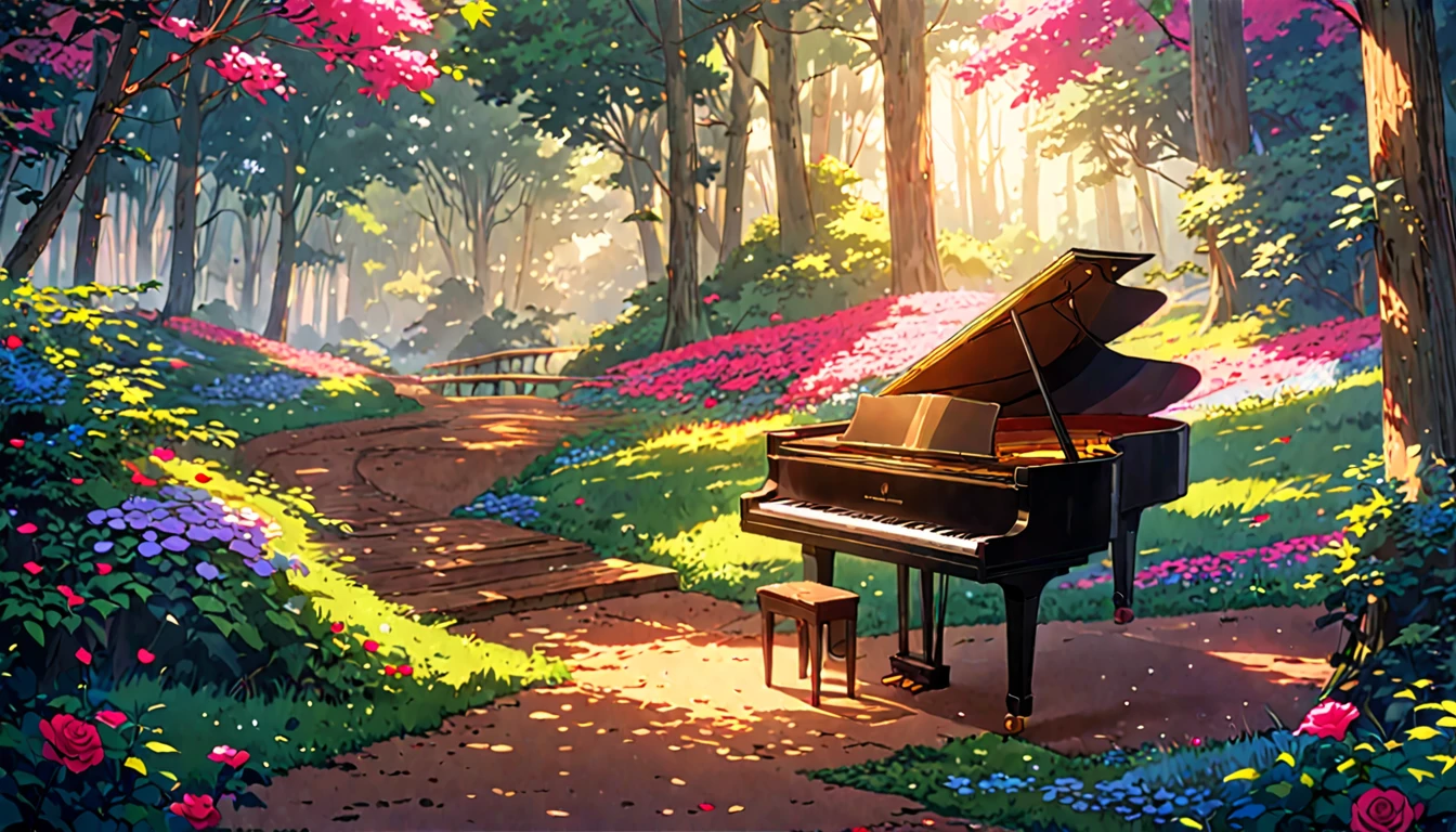 There is a piano on the forest path, Anime Background art, Beautiful peaceful scene in anime, Anime Art Wallpapers 8K, Background artwork, Anime Rush John 8k Woods, Relaxing concept art, anime nature wallpapers, anime art wallpaper 4k, anime art wallpaper 4k, arte koto no ha no niwa, Beautiful anime scenery, Anime Background、Colorful roses