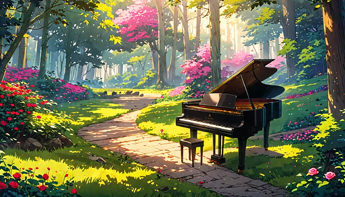There is a piano on the forest path, Anime Background art, Beautiful peaceful scene in anime, Anime Art Wallpapers 8K, Background artwork, Anime Rush John 8k Woods, Relaxing concept art, anime nature wallpapers, anime art wallpaper 4k, anime art wallpaper 4k, arte koto no ha no niwa, Beautiful anime scenery, Anime Background、Colorful roses