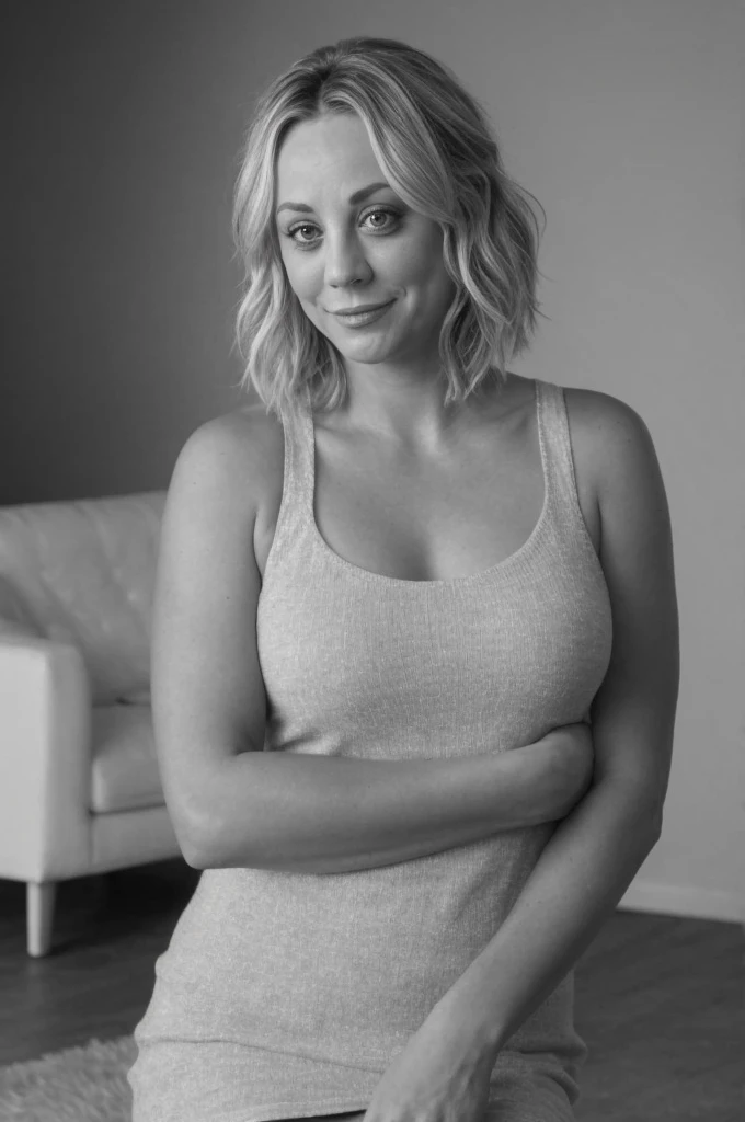 Kaley Cuoco, Beauté, belle fille, photographie en noir et blanc, contraste dur, ombres dures, petit sourire satisfait, beau maquillage, appartement, ((nu))