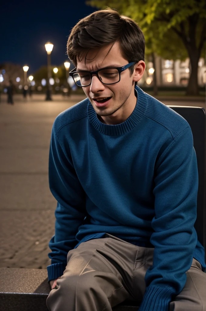 Blind boy in blue sweater wearing glasses sitting in the park at night without much light in the area below with his legs open while yawning