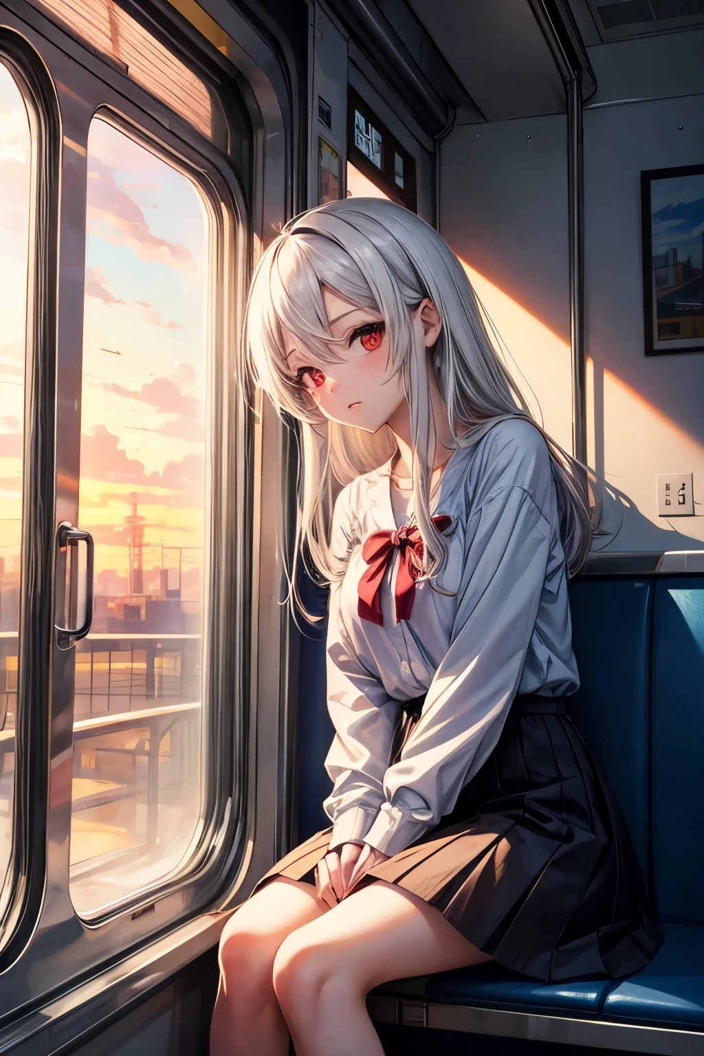 Anime girl sitting on the train looking out the window, beautiful anime portrait, portrait of Lofi at a window, beautiful anime girl, portrait of Lofi, Lofi girl, portrait anime girl, Gurwitz style artwork, High quality portrait, with sunset, charming anime girl, cute anime girl, realistic cute girl drawing, anime style. 8K, white hair, red eyes