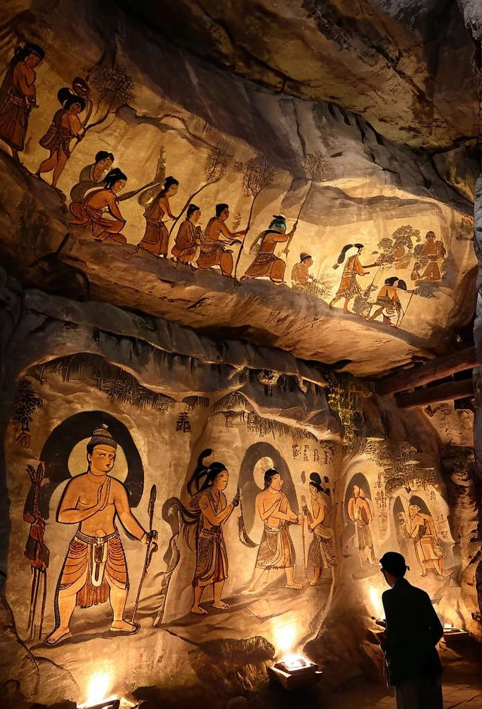 In a dimly lit cave、The murals depict the appearance of ancient people, more clearly.、It feels older、
More realistic、1900s