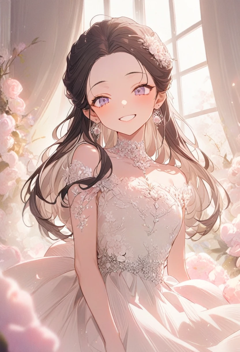 ( best quality:1.2), 1 Girl, forehead,Solitary, Skin details, Beautiful facial features, ((fluffy dark hair, E))ye details, he is 20 years old,wearing a beautiful dress,upper body, choker,long dress,luxury room,.(big smiling).((happiness theme))),kindness,soft focus,white soft lighting