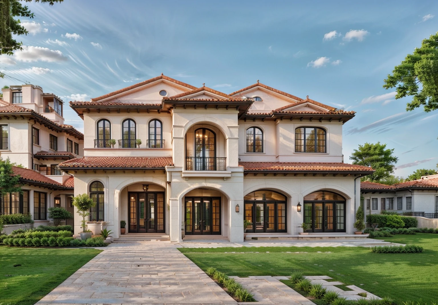 PLATFORM KTHOUSE, (Mediterranean Revival house , Mediterranean Moldings:1.3, close houses and trees), (Mediterranean Revival style architecture), Clay Effect wall:1.4 