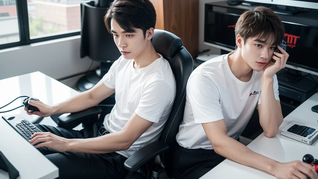man,person,,Gamers,gamer,game,fight,sitting playing games,Game joystick,white shirt,enjoyable