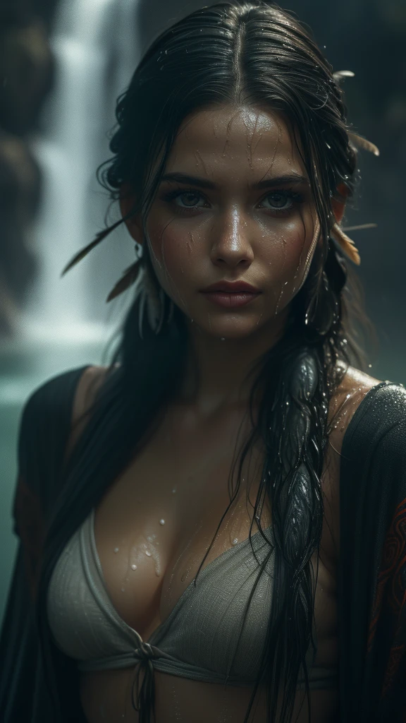 (((ultra realistic))), ((ultra-detailed face and eyes: 1.3)) ,(native girl), with very long thick hair, (feathers in hair), ((few clothes)) , ((indigenous clothing)) , slender body, (wet skin and clothes) , Near the waterfall, rain, dramatic light , contrasting, ((ultra-detailed)), ((Skin detailing)), (scene from a movie about ancient people), (Dark color scheme) 