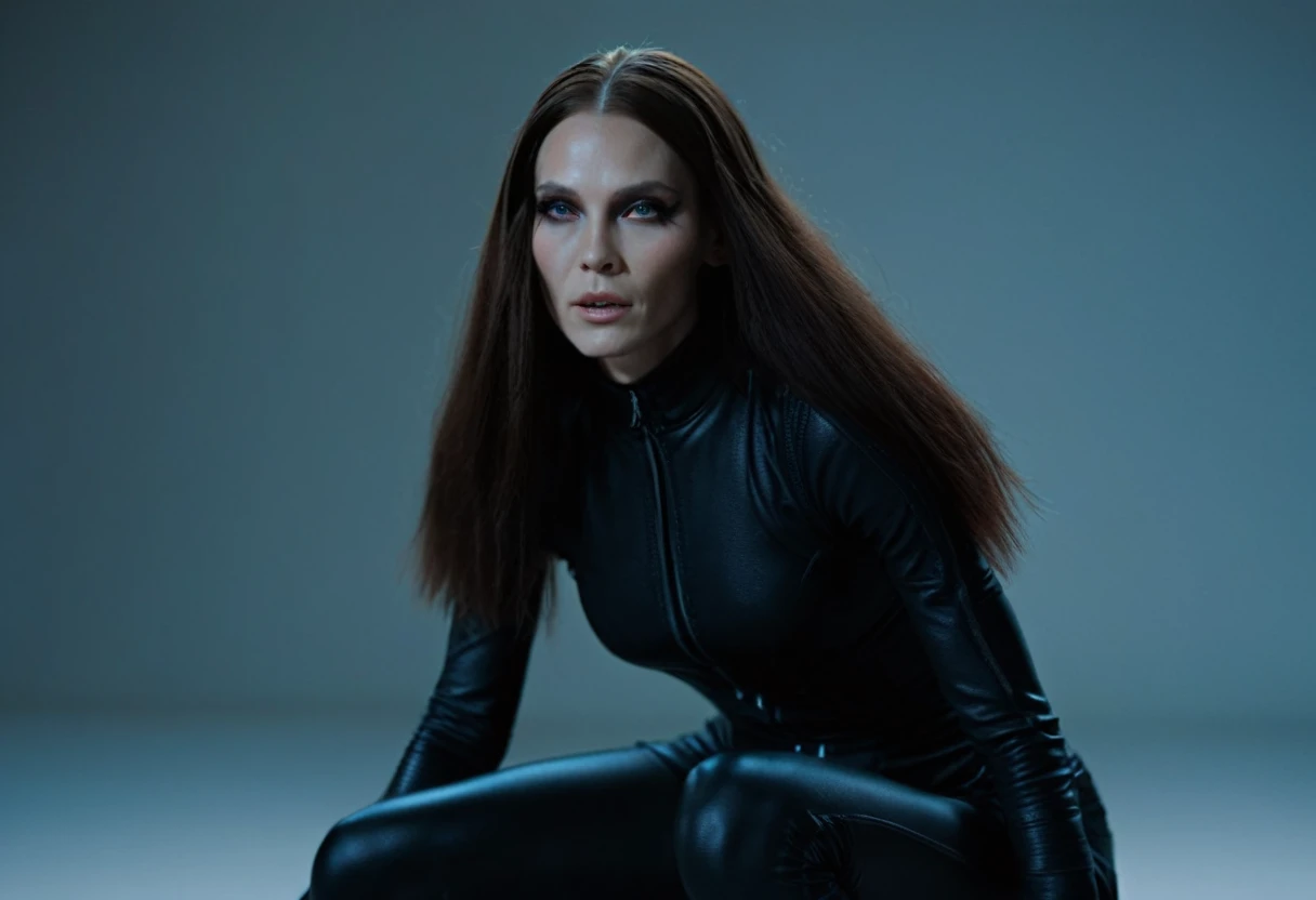 Fashionable of androgynous alien looking witch, glowing eyes, beautiful evil slavic muscular woman, pale skin, long hair, futuristic design, minimal details, givenchy, photoreal, 200mm, hd, f/ 2.0, highly detailed, surreal, sitting, light smile, simple black stylish clothes, a slight smiledrop dead, in the style of red and blue, (intricate details, hyperdetailed:1.15) (skin texture:1.2), cinematic, professional, 4k, (((dynamic model pose))), sitting, full body, mesmerizing, dynamic, dramatic, dynamic pose, highly detailed skin with hair, subcutaneous veins, light and shadow play, highly detailed,24mm photograph, bokeh, professional, 4k,