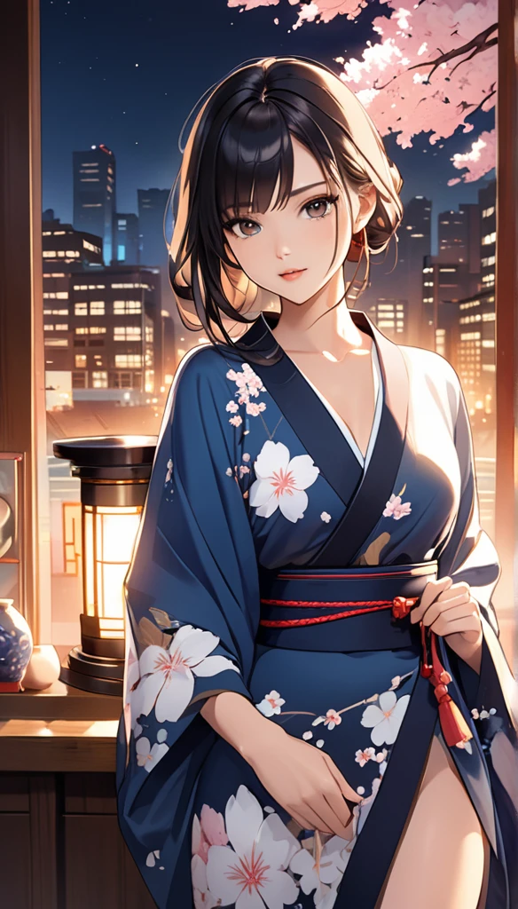 This is an illustration of an anime girl with a perfect hourglass figure, long black hair and tanned Japanese skin in a new and vivid pose. She is wearing a kimono with graceful curves that reflect the golden ratio, adorned with a contemporary design that signifies innovation and progress. Her black eyes are carefully drawn in detail, full of clarity and emotion, inviting the viewer into her vivid world. In the background, a richly rendered Japanese night cityscape is depicted, full of cherry blossoms, the glow of lights and the energy of the urban environment. The piece aims to capture the entire scene, highlighting the exquisite beauty of the anime girl, the sophistication of her kimono and the dynamic background of the Japanese night. This image is a masterpiece, and the depiction of the anime girl in a fresh pose highlights the depth of the character and the artistic harmony of the scene.