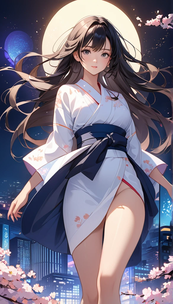 This is an illustration of an anime girl with a perfect hourglass figure, long black hair and tanned Japanese skin in a new and vivid pose. She is wearing a kimono with graceful curves that reflect the golden ratio, adorned with a contemporary design that signifies innovation and progress. Her black eyes are carefully drawn in detail, full of clarity and emotion, inviting the viewer into her vivid world. In the background, a richly rendered Japanese night cityscape is depicted, full of cherry blossoms, the glow of lights and the energy of the urban environment. The piece aims to capture the entire scene, highlighting the exquisite beauty of the anime girl, the sophistication of her kimono and the dynamic background of the Japanese night. This image is a masterpiece, and the depiction of the anime girl in a fresh pose highlights the depth of the character and the artistic harmony of the scene.