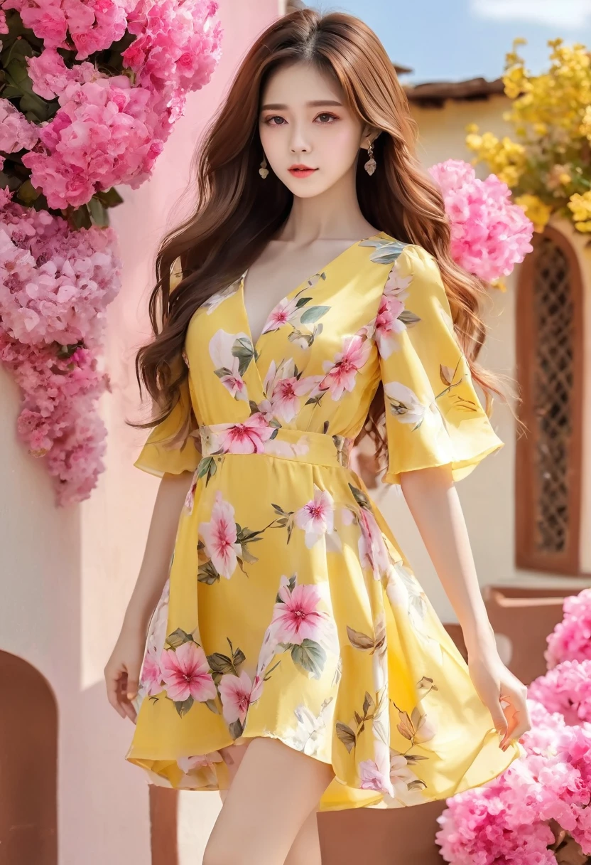 An image of a woman who calmly loves, Detailed medium brown hair, Bright yellow detailed eyes with long eyelashes, White short dress with pink floral print, Detailed brown high heel sandals. full body image. shoes foot