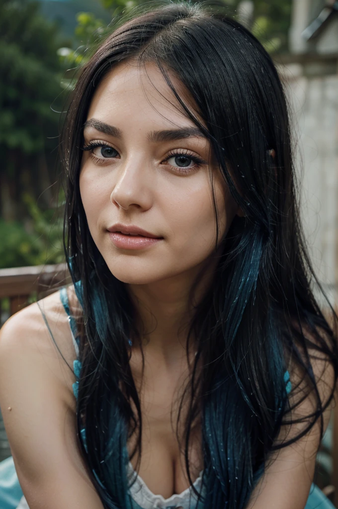 A girl with long blue hair. Her face is exquisite, with high cheekbones and smooth fair skin. Her large black eyes, framed by long thick eyelashes, are impressive and expressive, radiating calmness and confidence. Well-defined eyebrows curve gracefully above her eyes, adding intensity to her gaze. She has a small, straight nose and full, slightly parted lips that curve into a slight smile, revealing hints of mischief and allure. Her sharp, well-defined jawline gives her face a refined and elegant appearance. happy standing in a beautiful field of flowers, colorful flowers everywhere, perfect lighting, leica summicron 35mm f2.0, Kodak Portra 400, film grain