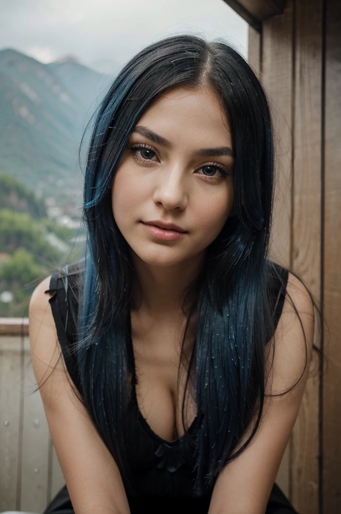 A girl with long blue hair. Her face is exquisite, with high cheekbones and smooth fair skin. Her large black eyes, framed by long thick eyelashes, are impressive and expressive, radiating calmness and confidence. Well-defined eyebrows curve gracefully above her eyes, adding intensity to her gaze. She has a small, straight nose and full, slightly parted lips that curve into a slight smile, revealing hints of mischief and allure. A girl in the rain sitting high on a mountain