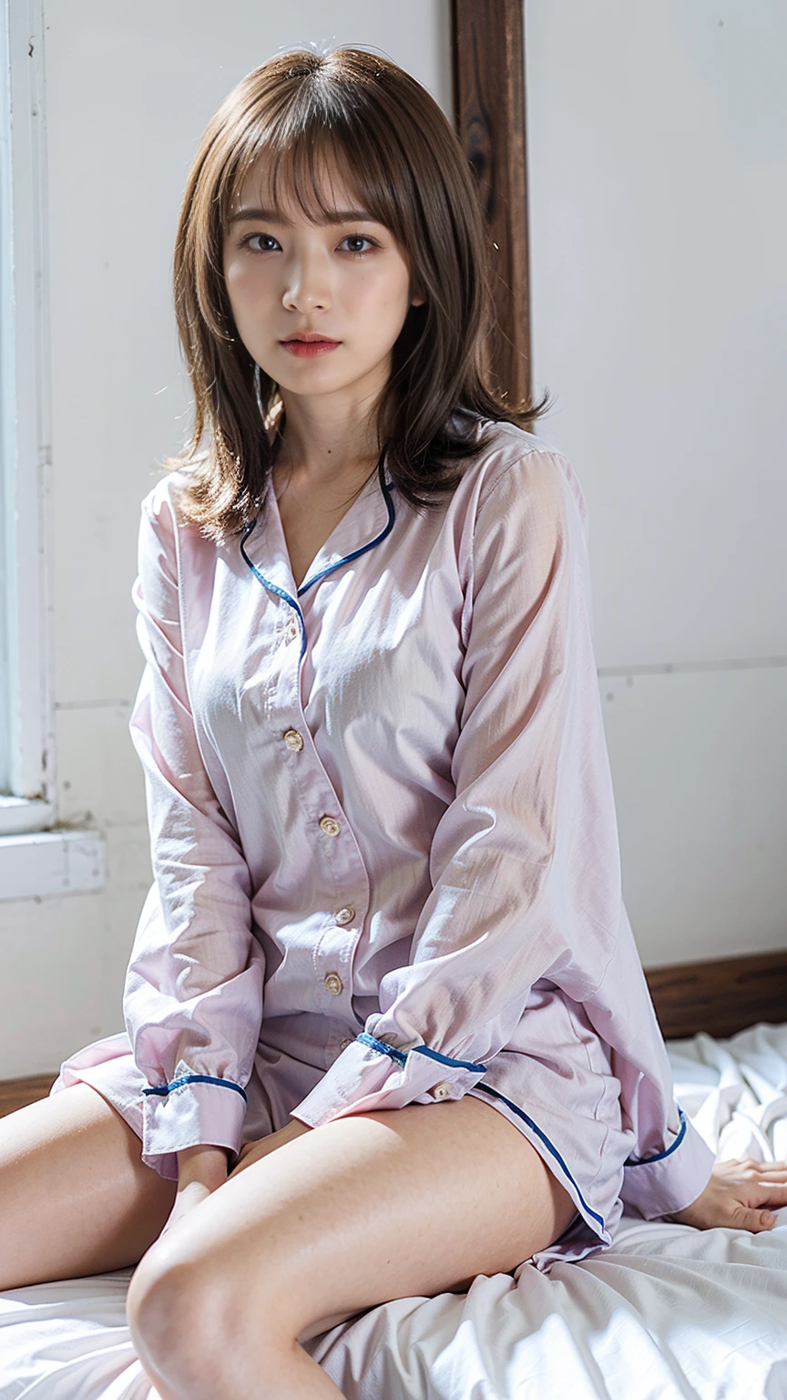 (8K、RAW Photos、Highest quality、masterpiece:1.2)、(Highest quality、Realistic)、1 Girl、((Frills、Bedroom、pajamas、pink、View from the front、Looking into the camera、Sit on the bed))、cute