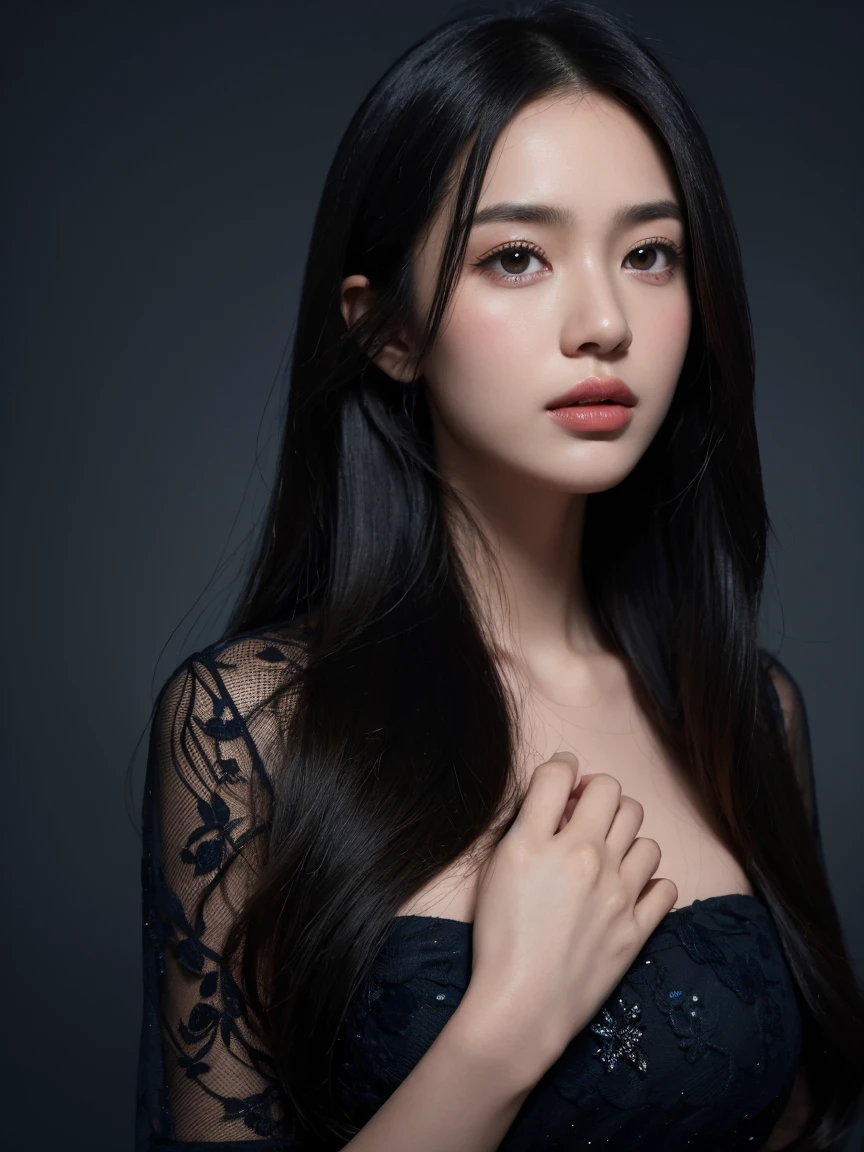 navy blue background, (best quality,4k,8k,highres,masterpiece,ultra-detailed), elegant portrait, beautiful detailed eyes, beautiful detailed lips, photography ,low lightning, portrait ,black hair, natural long hair, 28 years old, full dress, closed mouth, no teeth showing, real textured skin, body facing camera, showing hands, perfect hands, dark photo, far view, pakaian tertutup