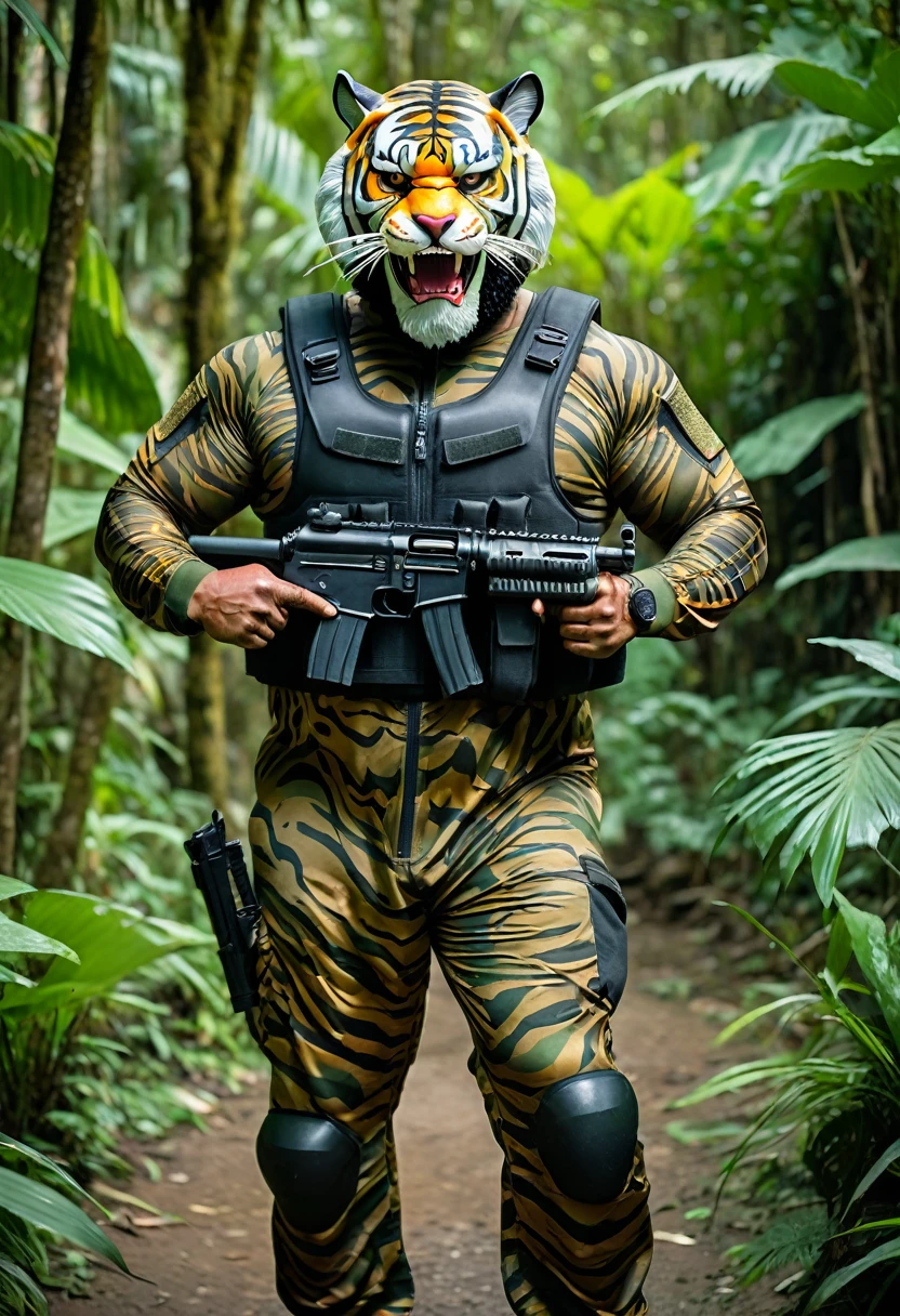 (a dark-skinned bearded fat old man in army camouflage zipper diver suit) (wearing realistic roaring tiger mask that show the wearer eyes), thumbs up, carrying a gun holster on his right hip, walking in jungle, muscular, Basuki Abdullah, sumatraism, muscular physique, imposing stature, action, a character portrait, heroic, fierce, snarling, best quality