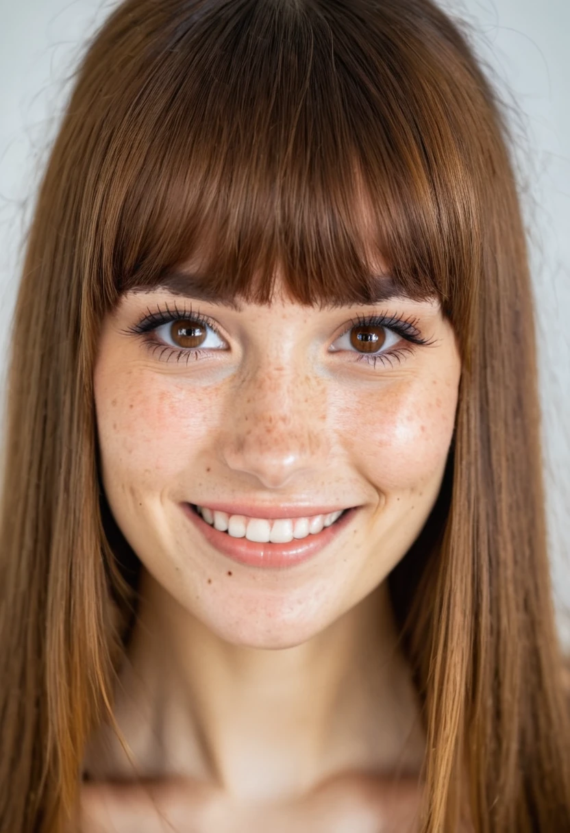 pretty, (freckle), A bright smile, Brown Hazel Eyes, Full bangs, Dark Makeup, Ultra-fine photography, Soft Light, Head and shoulders portrait, cover