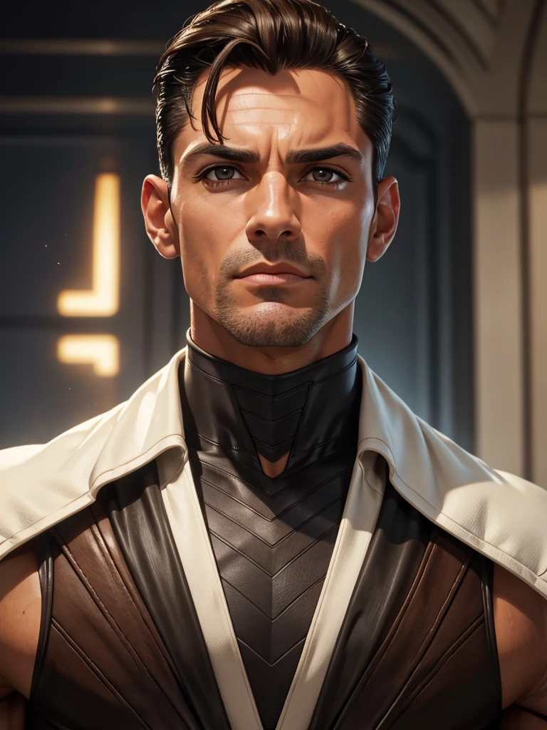 (best quality), 1boy, Male, mature male, 46 years old, miguel o'hara, tanned skin, dark brown hair, short hair, hair slicked back, strands over eye, slightly wavy hair, brown eyes, perfect eyes, supervillain costume, muscular, handsome, high cheekbones, strong jawline, masterpiece, anatomically correct, highres