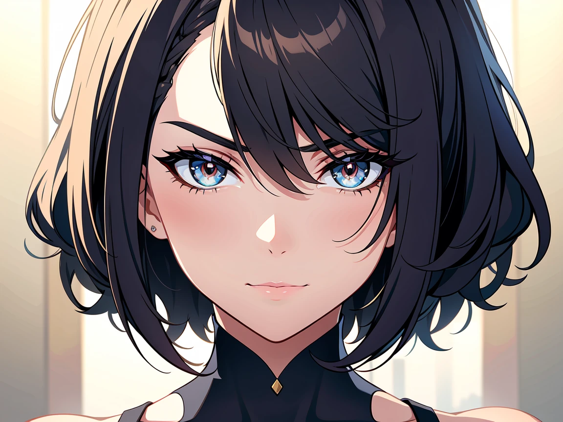 A close-up portrait of a woman, shot directly from the nose to emphasize her striking hairstyle. Her super short hair is perfectly parted in the middle, with 73 distinct strands framing her face. The cropped sides and back create a clean, geometric shape around her jawline. Soft, natural lighting illuminates her features, accentuating the sharp lines of her haircut., A close-up shot of a person's face, framing their facial features with a shallow depth of field. The subject's thin and short eyebrows are delicately rendered, with a subtle arch towards the nose. Double eyelids create a sense of intrigue, as the eyes appear almost almond-shaped. Long slit eyes seem to pierce through the viewer, while the clear iris shines like polished jade., Close-up shot of a woman's face with her features illuminated by soft, golden lighting. Her straight nose and delicate nostrils take center stage as her sensual lips, painted a deep, rich red, curve into a subtle smile, inviting the viewer to gaze further.
