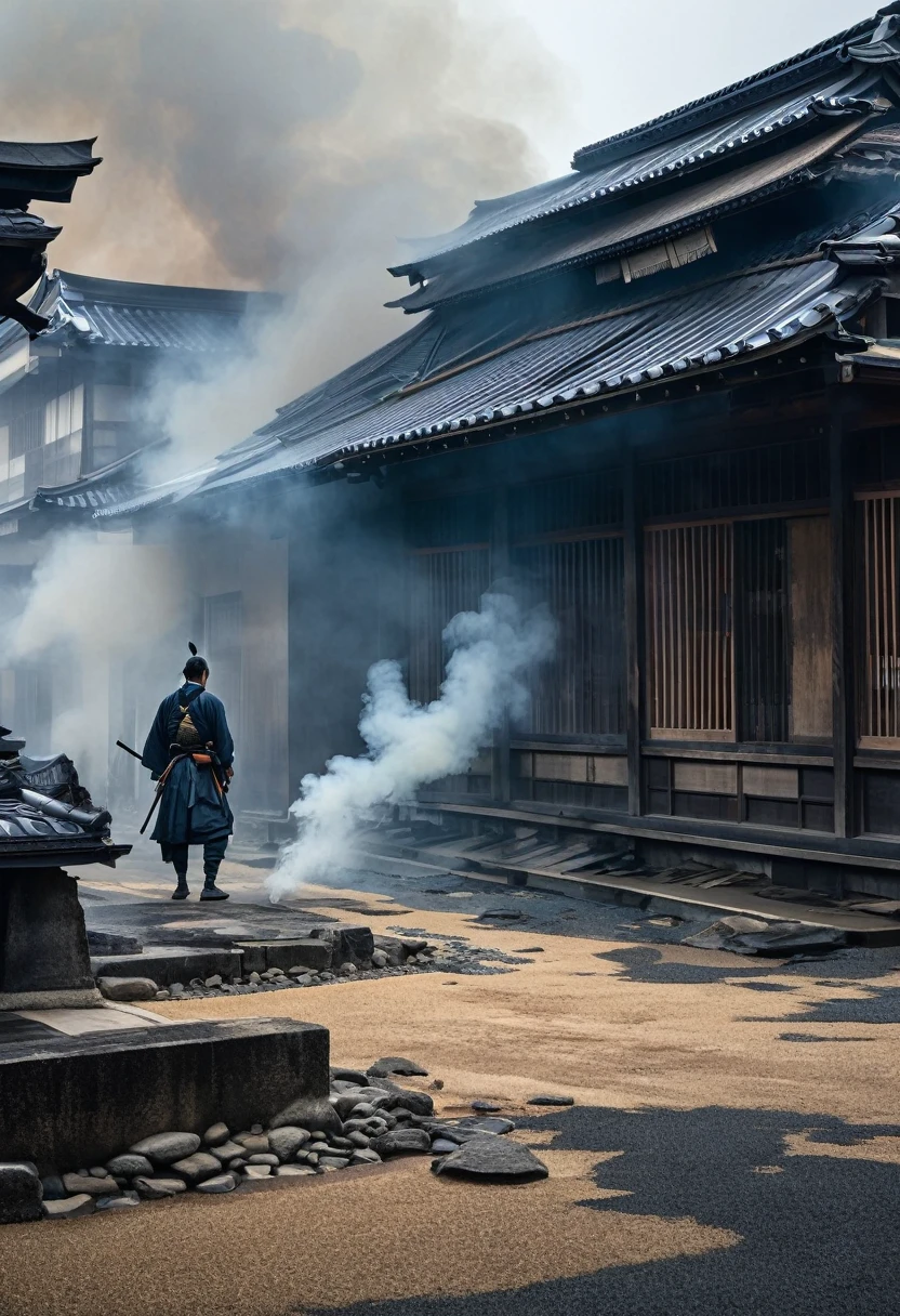 A lone Japanese samurai, downtrodden, amidst a dilapidated Edo-period building in a rundown town, with smoke billowing darkly from a distant fire, creating an eerie atmosphere.