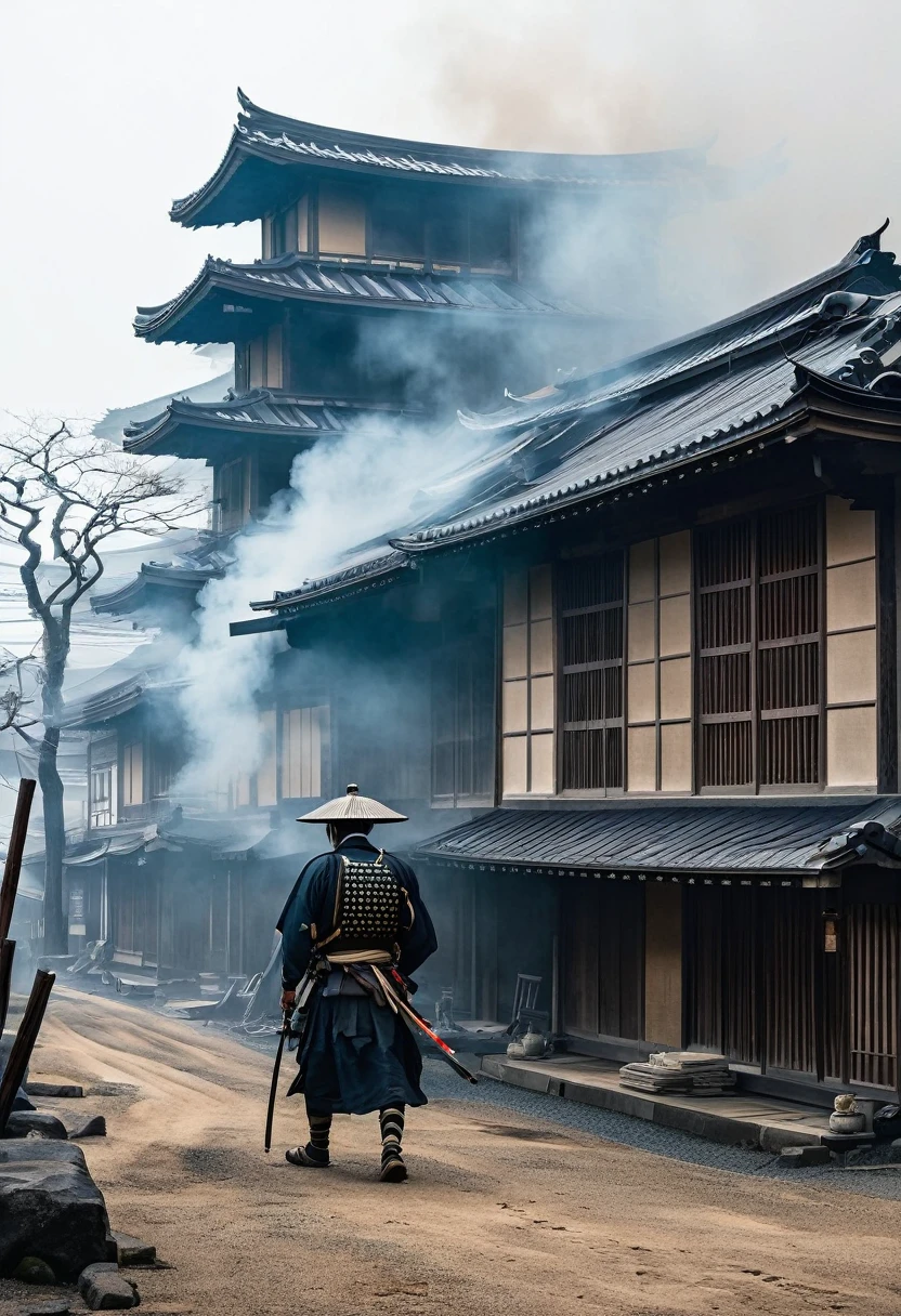 A lone Japanese samurai, downtrodden, amidst a dilapidated Edo-period building in a rundown town, with smoke billowing darkly from a distant fire, creating an eerie atmosphere.